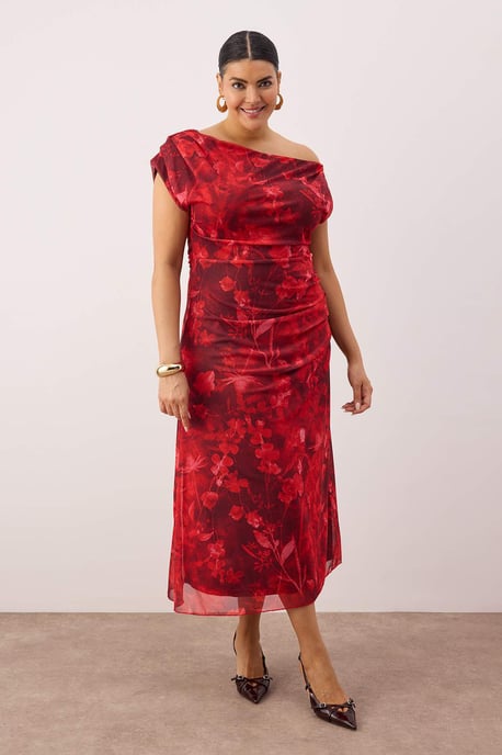 Trendyol Curve Damen Rot Geblümt Midi Ärmellos Casual A-Linie Große Größen Kleid - Image 1
