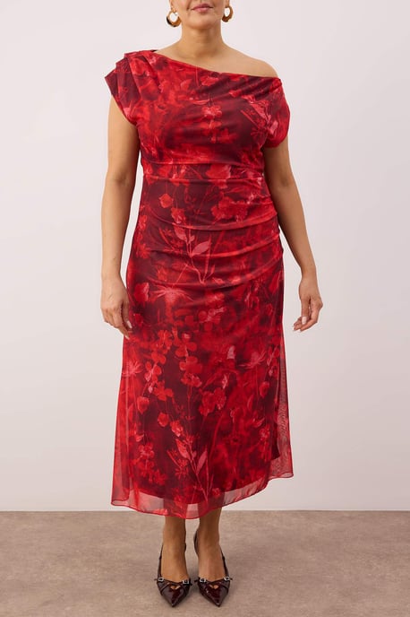 Trendyol Curve Damen Rot Geblümt Midi Ärmellos Casual A-Linie Große Größen Kleid - Image 2