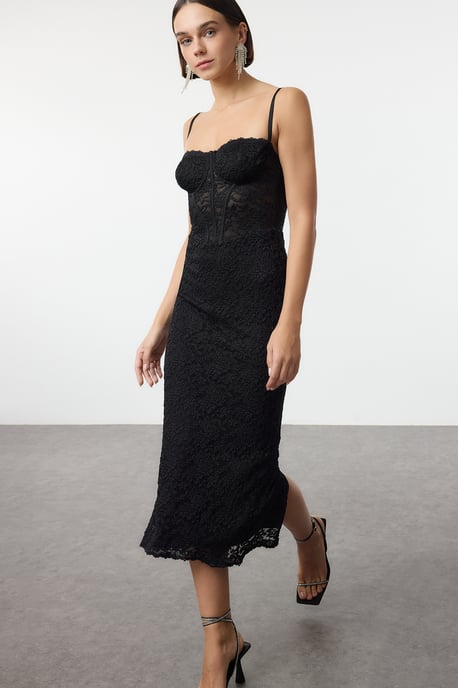 TRENDYOLMİLLA Damen Schwarz Einfarbig Midi Ärmellos Elegant/Abend Bodycon Kleider - Image 2