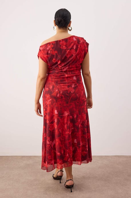 Trendyol Curve Damen Rot Geblümt Midi Ärmellos Casual A-Linie Große Größen Kleid - Image 3