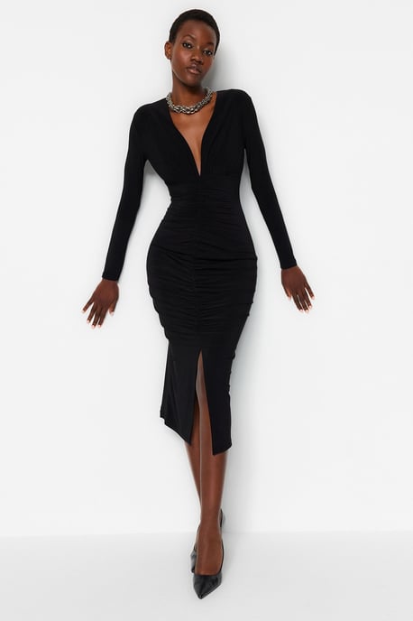 TRENDYOLMİLLA Damen Schwarz Einfarbig Midi Lang Abend / Alltag Bodycon Kleider - Image 1