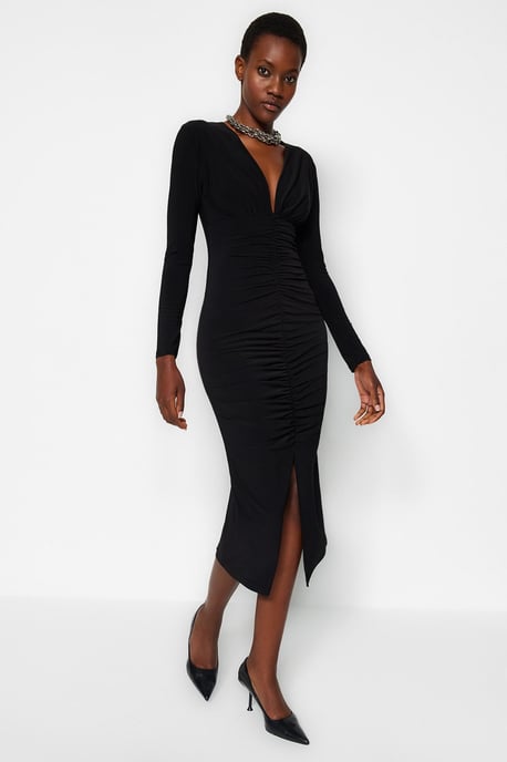 TRENDYOLMİLLA Damen Schwarz Einfarbig Midi Lang Abend / Alltag Bodycon Kleider - Image 2