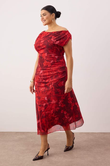 Trendyol Curve Damen Rot Geblümt Midi Ärmellos Casual A-Linie Große Größen Kleid - Image 6
