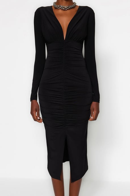 TRENDYOLMİLLA Damen Schwarz Einfarbig Midi Lang Abend / Alltag Bodycon Kleider - Image 5