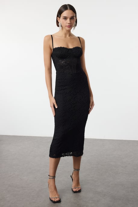 TRENDYOLMİLLA Damen Schwarz Einfarbig Midi Ärmellos Elegant/Abend Bodycon Kleider - Image 6