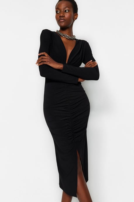 TRENDYOLMİLLA Damen Schwarz Einfarbig Midi Lang Abend / Alltag Bodycon Kleider - Image 6