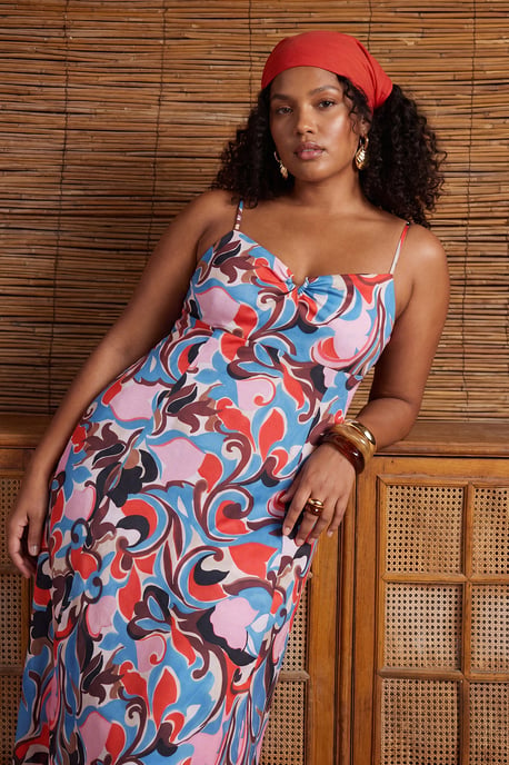 Trendyol Curve Damen Mehrfarbig Grafik Midi Kurz A-Linie Große Größen Kleid - Image 1