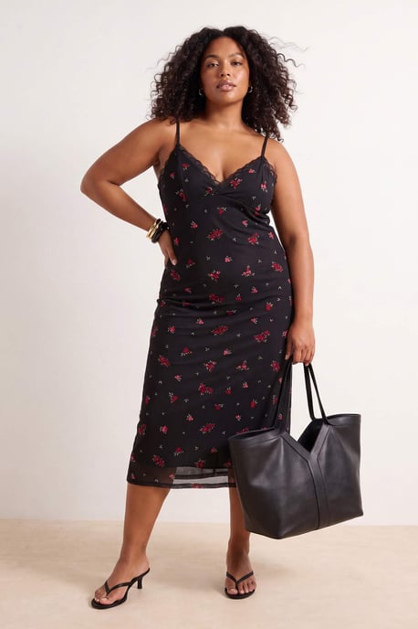 Trendyol Curve Damen Mehrfarbig Geblümt Midi Ärmellos Casual Bodycon Große Größen Kleid - Image 6