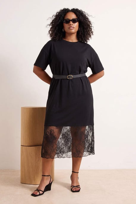 Trendyol Curve Damen Schwarz Einfarbig Midi Kurz Gerade Große Größen Kleid - Image 2