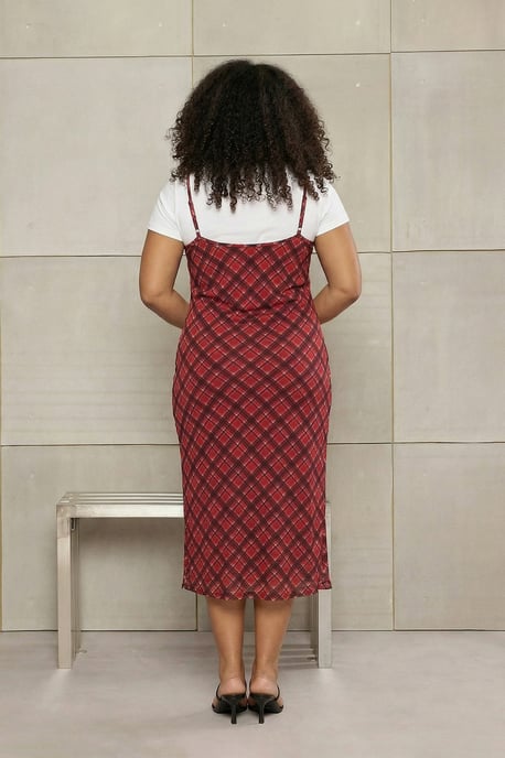 Trendyol Curve Damen Rot Kariert Midi Ärmellos Casual A-Linie Große Größen Kleid - Image 2