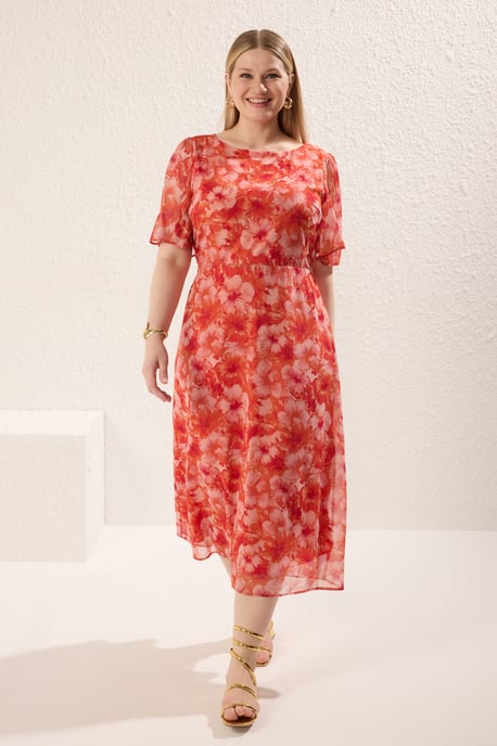 Trendyol Curve Damen Mehrfarbig Animal-Print Midi Kurz Casual A-Linie Große Größen Kleid - Image 1