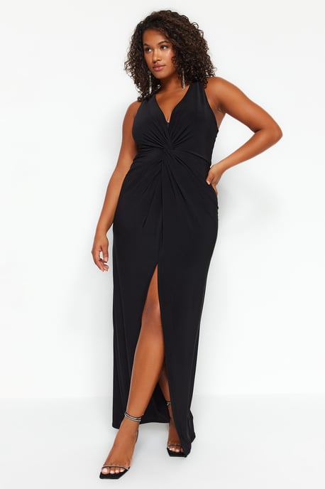 Trendyol Curve Damen Schwarz Einfarbig Midi Ärmellos Elegant/Abend Gerade Große Größen Kleid - Image 2