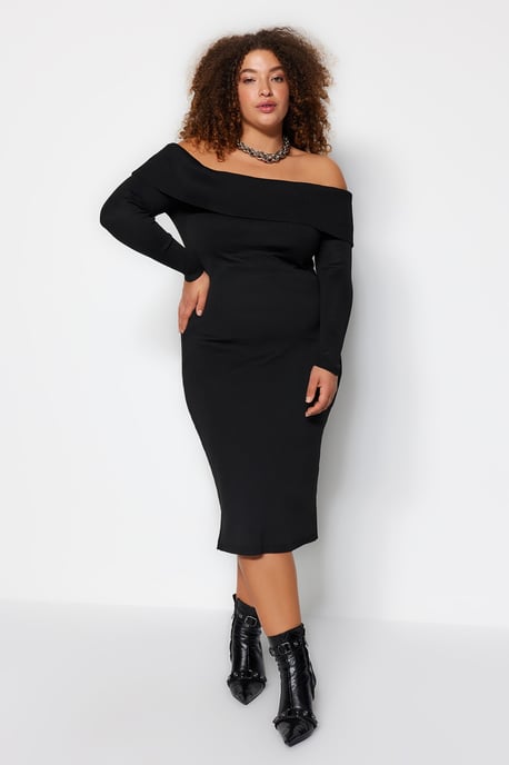 Trendyol Curve Damen Schwarz Einfarbig Midi Lang Abend / Alltag Bodycon Große Größen Kleid - Image 1