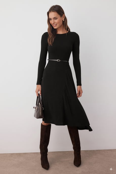 TRENDYOLMİLLA Damen Schwarz Einfarbig Midi Lang Abend / Alltag A-Linie Kleider - Image 1
