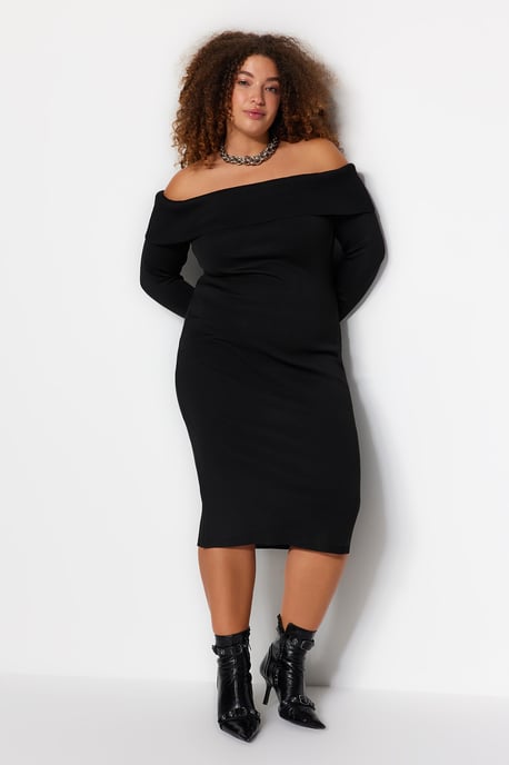 Trendyol Curve Damen Schwarz Einfarbig Midi Lang Abend / Alltag Bodycon Große Größen Kleid - Image 2