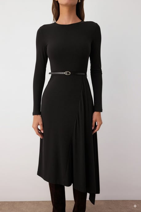 TRENDYOLMİLLA Damen Schwarz Einfarbig Midi Lang Abend / Alltag A-Linie Kleider - Image 2