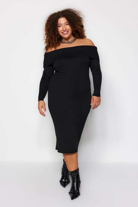 Trendyol Curve Damen Schwarz Einfarbig Midi Lang Abend / Alltag Bodycon Große Größen Kleid - Image 6