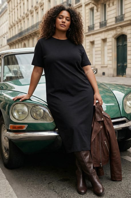 Trendyol Curve Damen Schwarz Einfarbig Midi Kurz Casual Gerade Große Größen Kleid - Image 1