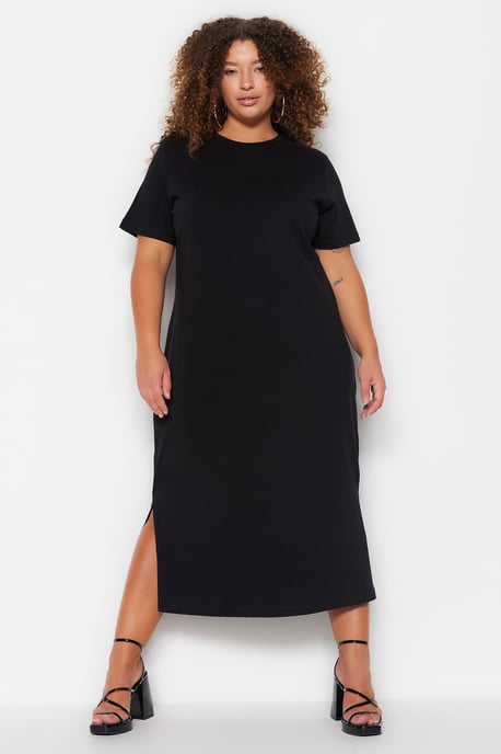 Trendyol Curve Damen Schwarz Einfarbig Midi Kurz Casual Gerade Große Größen Kleid - Image 2