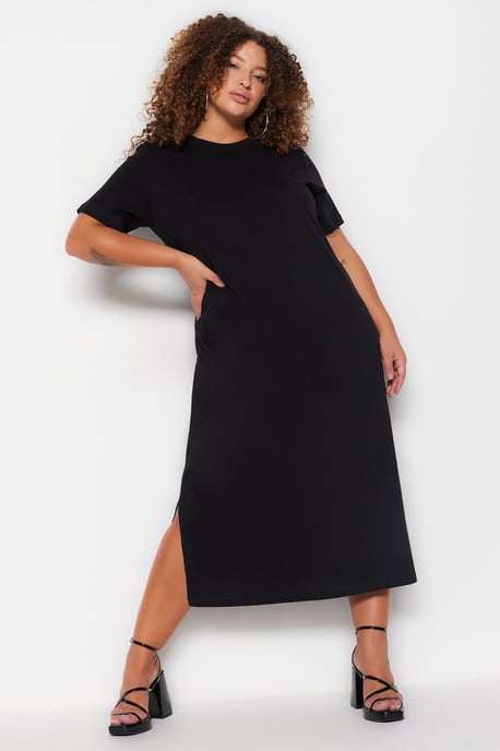 Trendyol Curve Damen Schwarz Einfarbig Midi Kurz Casual Gerade Große Größen Kleid - Image 3
