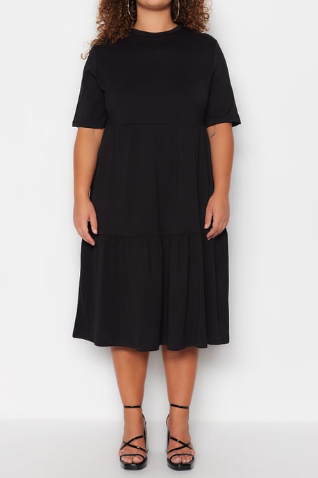 Trendyol Curve Damen Schwarz Einfarbig Midi Kurz Casual A-Linie Große Größen Kleid - Image 2
