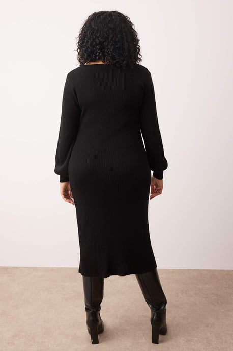Trendyol Curve Damen Schwarz Einfarbig Midi Lang Casual Bodycon Große Größen Kleid - Image 3
