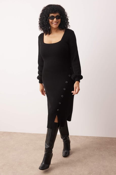 Trendyol Curve Damen Schwarz Einfarbig Midi Lang Casual Bodycon Große Größen Kleid - Image 6