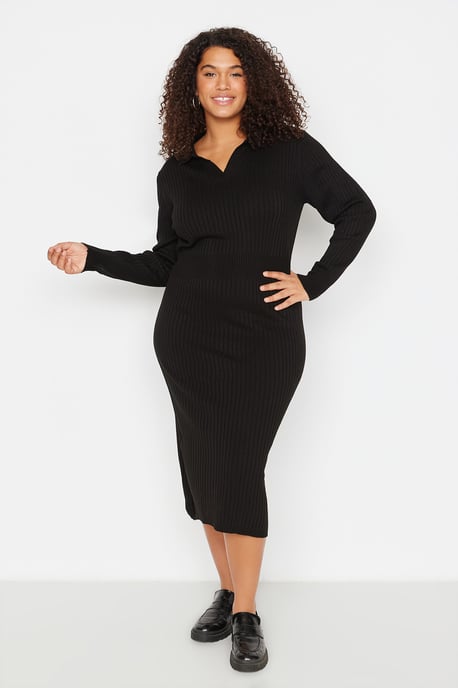 Trendyol Curve Damen Einfarbig Midi Lang Casual Bodycon Große Größen Kleid - Image 2