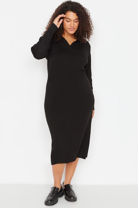 Trendyol Curve Damen Einfarbig Midi Lang Casual Bodycon Große Größen Kleid - Image 4