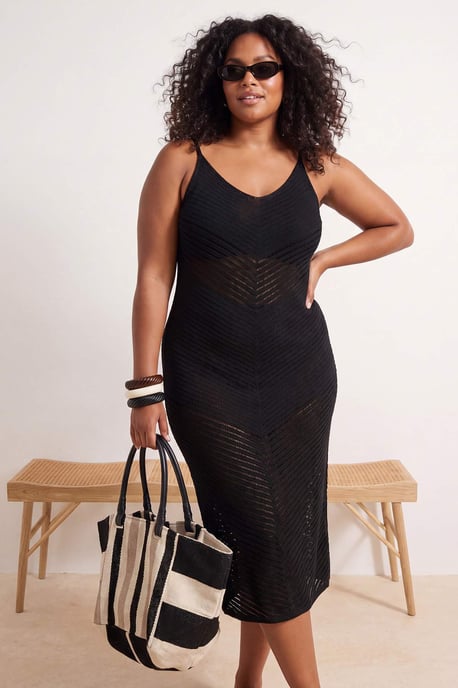 Trendyol Curve Damen Schwarz Lochmuster Midi Ärmellos Strandmode A-Linie Große Größen Kleid - Image 1