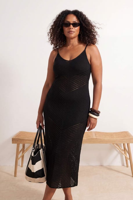 Trendyol Curve Damen Schwarz Lochmuster Midi Ärmellos Strandmode A-Linie Große Größen Kleid - Image 6
