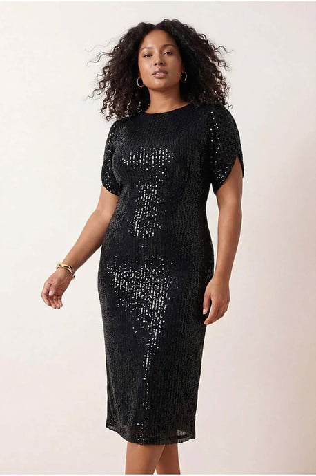 Trendyol Curve Damen Schwarz Einfarbig Midi Kurz Elegant/Abend Bodycon Große Größen Kleid - Image 6