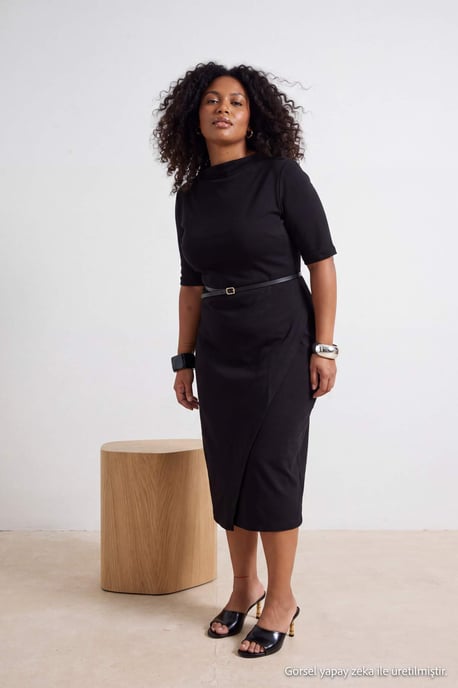 Trendyol Curve Damen Schwarz Einfarbig Midi Kurz A-Linie Große Größen Kleid - Image 1