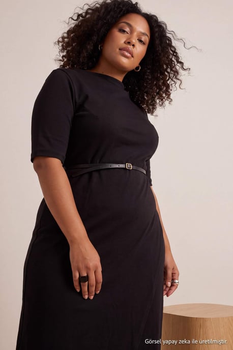 Trendyol Curve Damen Schwarz Einfarbig Midi Kurz A-Linie Große Größen Kleid - Image 6
