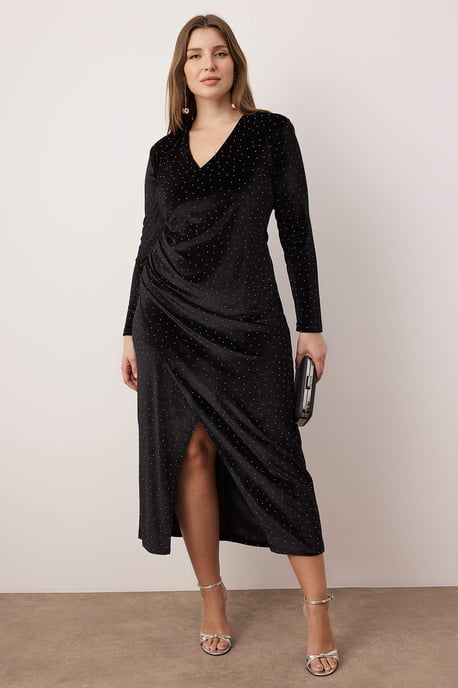 Trendyol Curve Damen Schwarz Einfarbig Midi Lang Party A-Linie Große Größen Kleid - Image 2