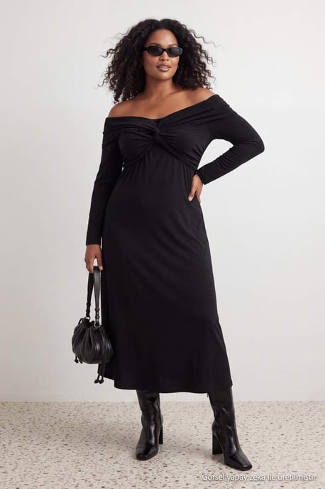 Trendyol Curve Damen Schwarz Einfarbig Midi Lang A-Linie Große Größen Kleid - Image 3