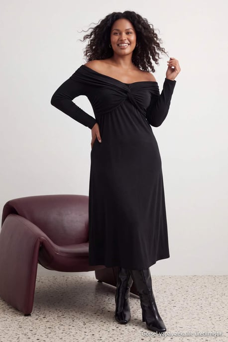 Trendyol Curve Damen Schwarz Einfarbig Midi Lang A-Linie Große Größen Kleid - Image 6