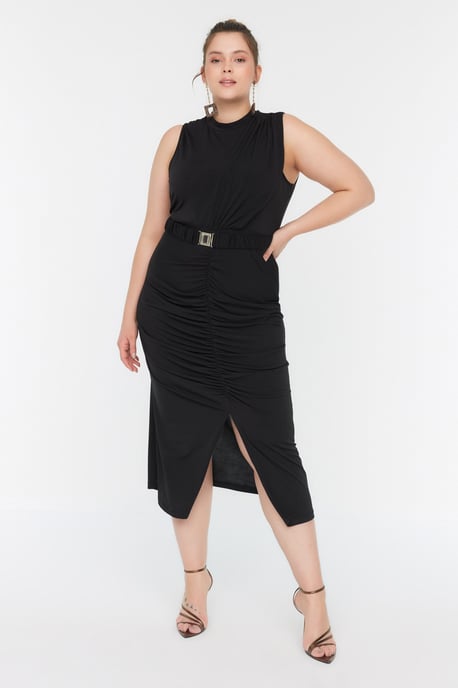 Trendyol Curve Damen Schwarz Einfarbig Midi Ärmellos Elegant/Abend Bodycon Große Größen Kleid - Image 2