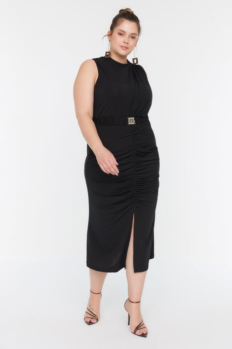 Trendyol Curve Damen Schwarz Einfarbig Midi Ärmellos Elegant/Abend Bodycon Große Größen Kleid - Image 3
