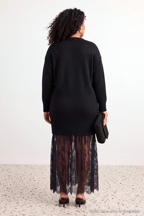 Trendyol Curve Damen Schwarz Einfarbig Midi 3/4-Arm A-Linie Große Größen Kleid - Image 2