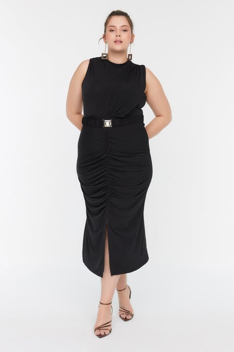 Trendyol Curve Damen Schwarz Einfarbig Midi Ärmellos Elegant/Abend Bodycon Große Größen Kleid - Image 6