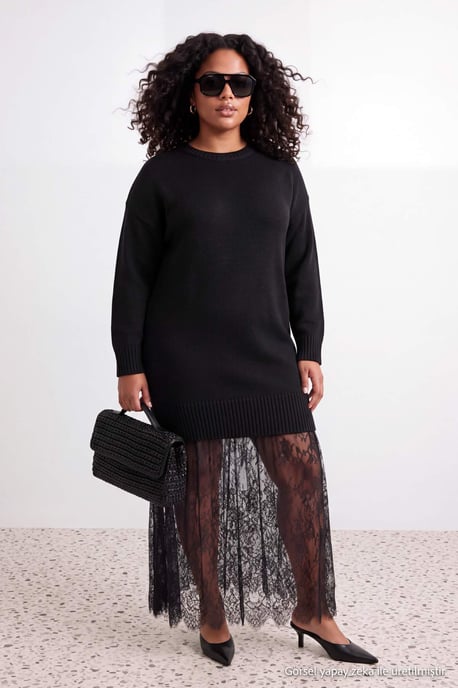 Trendyol Curve Damen Schwarz Einfarbig Midi 3/4-Arm A-Linie Große Größen Kleid - Image 6