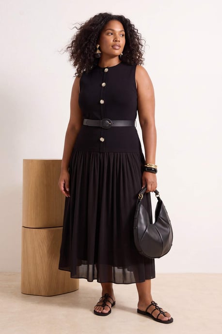 Trendyol Curve Damen Schwarz Einfarbig Midi Ärmellos Business A-Linie Große Größen Kleid - Image 2