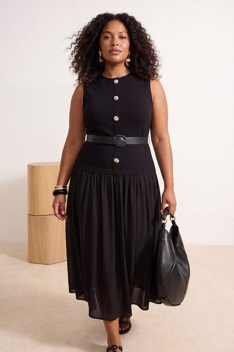 Trendyol Curve Damen Schwarz Einfarbig Midi Ärmellos Business A-Linie Große Größen Kleid - Image 6