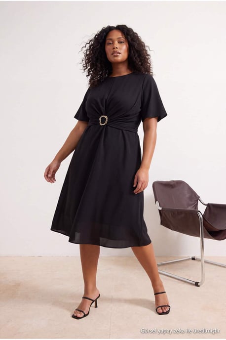 Trendyol Curve Damen Schwarz Einfarbig Midi Kurz Abend / Alltag A-Linie Große Größen Kleid - Image 6