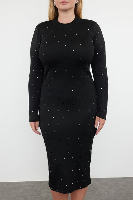 Trendyol Curve Damen Schwarz Einfarbig Midi Lang Elegant/Abend Bodycon Große Größen Kleid - Image 2