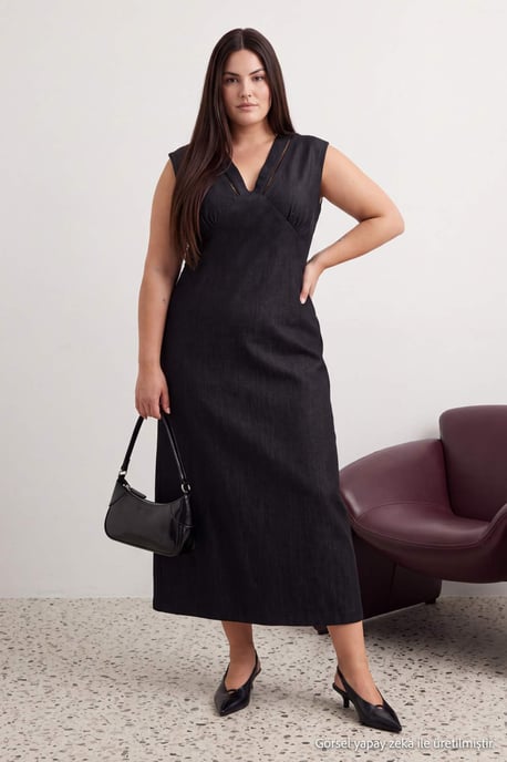 Trendyol Curve Damen Schwarz Einfarbig Midi Ärmellos A-Linie Große Größen Kleid - Image 2