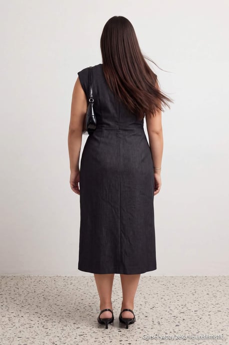 Trendyol Curve Damen Schwarz Einfarbig Midi Ärmellos A-Linie Große Größen Kleid - Image 3