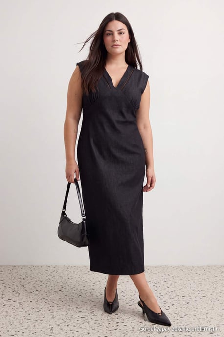 Trendyol Curve Damen Schwarz Einfarbig Midi Ärmellos A-Linie Große Größen Kleid - Image 6