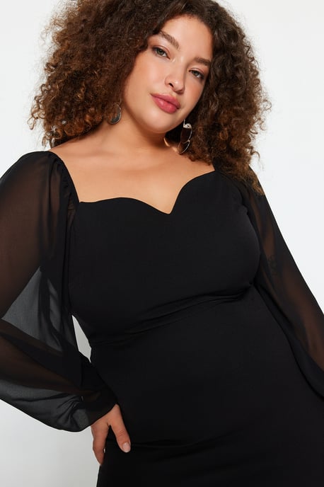 Trendyol Curve Damen Schwarz Einfarbig Midi Lang Elegant/Abend Bodycon Große Größen Kleid - Image 2